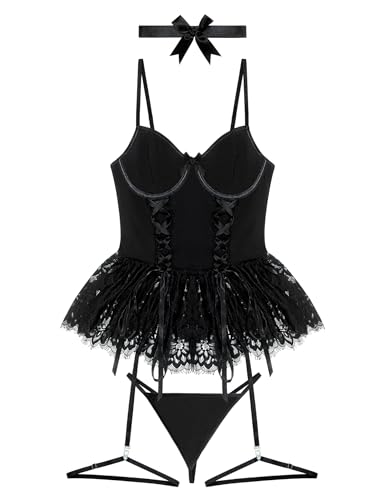 Mixxmix Women Lingerie Set Sexy Lace Up Corset Bodysuit Underwire Lingerie Babydoll with Garter Belt and Bow Tie Black Small - Imagen 3