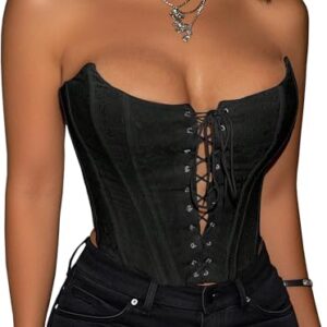 Benfoly Black Corset Tops for Women Lace Up Y2K Corset Bustier Backless Overbust Strapless Sexy Going Out Crop Top Tank Club