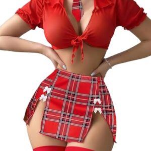 Avidlove Halloween Costumes for Women Sexy Lingerie Set Sheer Top Shirt Student with Thong Red Medium