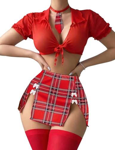 Avidlove Halloween Costumes for Women Sexy Lingerie Set Sheer Top Shirt Student with Thong Red Medium