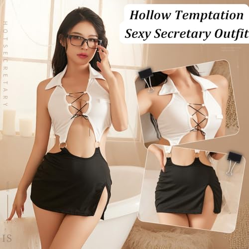 ROSVAJFY Women Sexy Office Secretary Outfit Costume Sleeveless Cosplay Lingerie Teacher Dress Uniform Office Lady Role Play Bodysuit 2 Pieces Halloween Babydoll Fancy Dress Top+Mini Skirt+G-String - Imagen 5