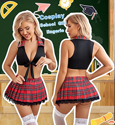 Avidlove Cosplay Lingerie School Girl Lingerie for Women Sexy Lingerie Set Roleplay Outfit with Mini Skirt(Black,L) - Imagen 5