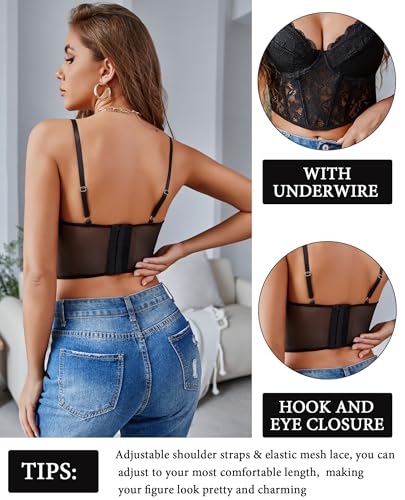 Avidlove Lace Bustier Corset Tops for Women Sexy Going Out Party Club Top with Underwired Black Medium - Imagen 2